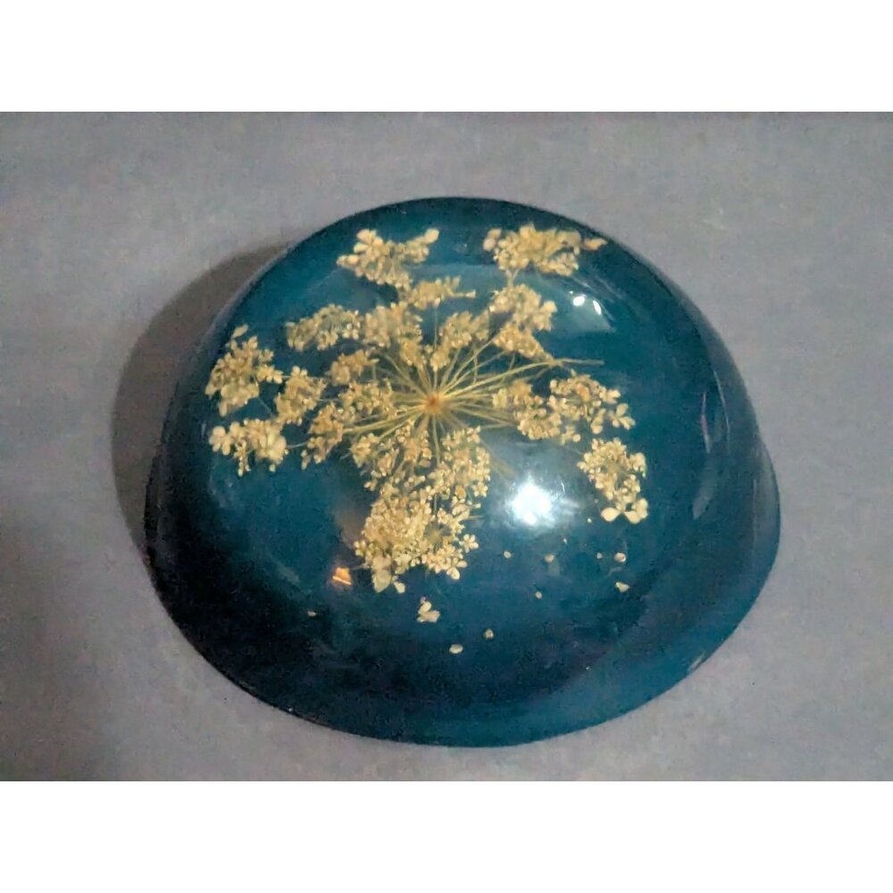 Lucite Paperweight w/ Dried Queen Anne's Lace Flowers & Blue Background w/flaws